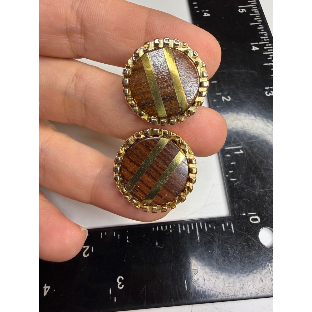 Vintage Wood Inlay Gold Tone Striped Round Cufflinks Mid Century Modern Swivel